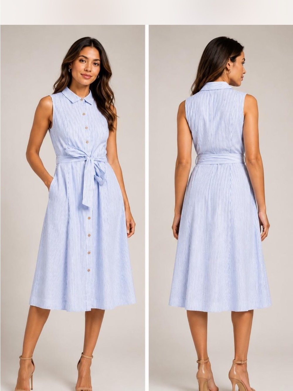 ๐ Anne Klein | Seersucker Midi Shirtdress | No Tag ~Size 8-10 | Blue & White - Picture 1 of 10
